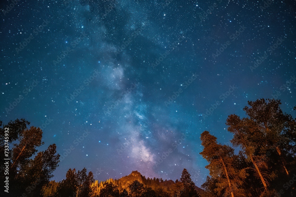 Low angle view of star field over trees