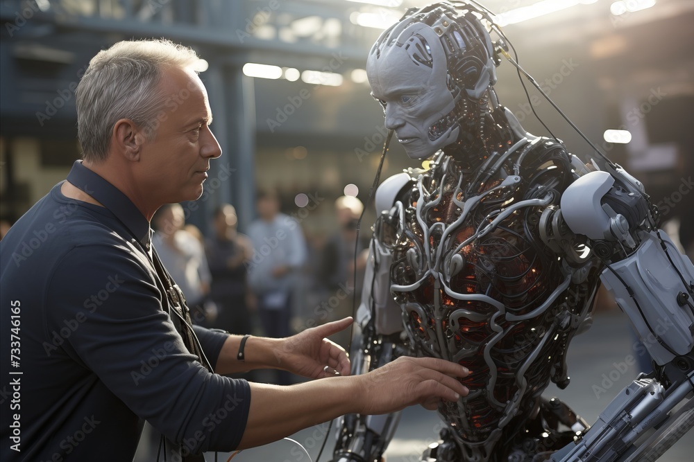 Skilled Technician Setting Up a High-Tech Humanoid Robot for Optimal Performance Skilled Technician Setting Up a High-Tech Humanoid Robot for Optimal Performance