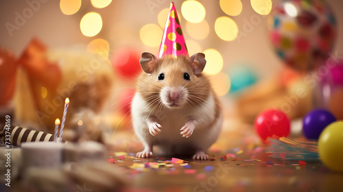 Funny hamster with birthday party hat on background