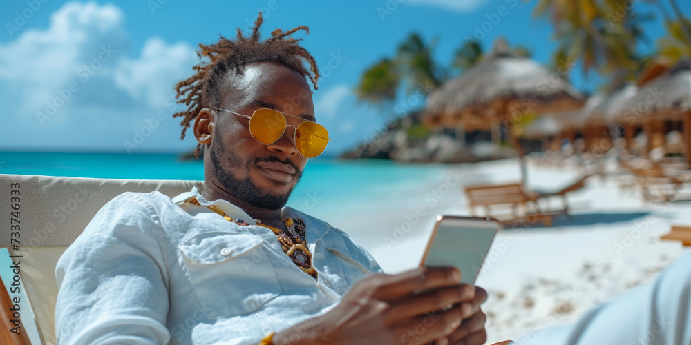 A trendy black guy, smiling, enjoys beach relaxation with a phone during a tropical vacation.