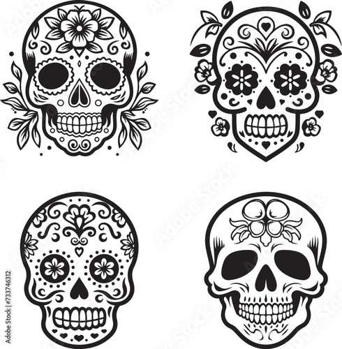 hand drawn sugar skull set vector illustration