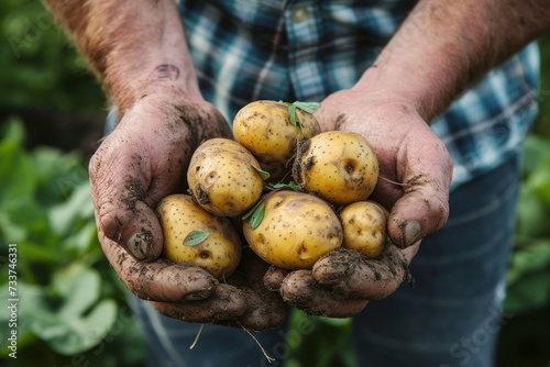 Midsection of man holding dirty potatoes in garden