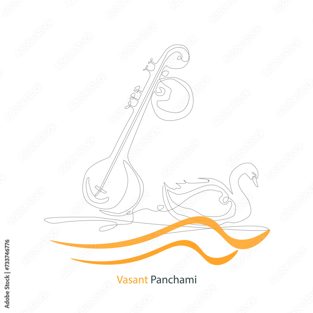 Hand drawn musical instrument veena and swan for Happy Vasant Panchami Celebration Background