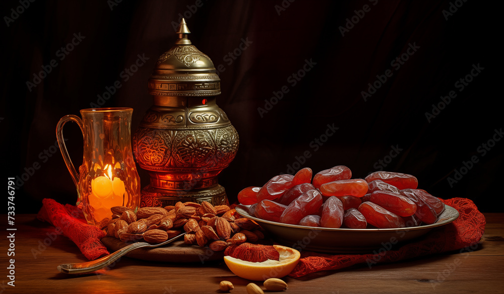Still life for Ramadan: dates, almonds and a shining lamp on a table