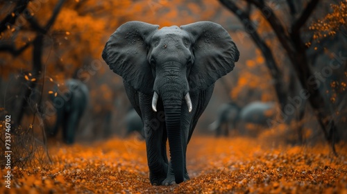Elephant Walking on Autumn Leaves  Powerful elephant walking on a path covered with autumn leaves in a misty forest