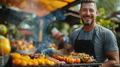 Chef Grilling Food Outdoors: Cheerful chef grilling a variety of meats and vegetables on an outdoor barbecue photo