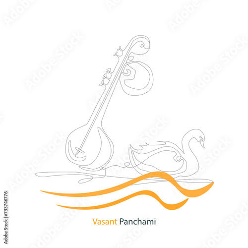 Hand drawn musical instrument veena and swan for Happy Vasant Panchami Celebration Background. Continuous single line drawing of Veena and swan.