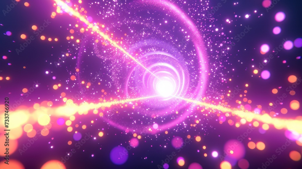 Fototapeta premium Purple neon geometric world with glowing icosahedrons, dots, stars, particles, rings, and light streaks effects. rendering.