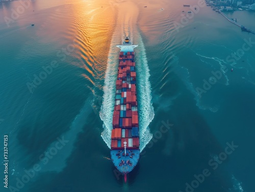 Aerial view of sea freight ship sailing in Shenzhen city,