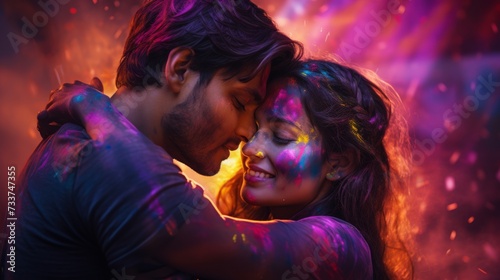 Young boy and girl in Holi colors. Lovers gently hug and kiss each other