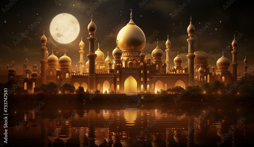 banner in warm golden tones with a mosque at night on the background of the sky with stars