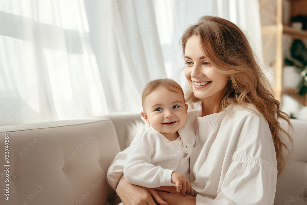 Happy mother with cute child sitting on lap on soft sofa. Woman in stylish clothes trying to make childhood of daughter pleasant and full of happiness Happy mother with cute child sitting on lap on soft sofa. Woman in stylish clothes trying to make childhood of daughter pleasant and full of happiness