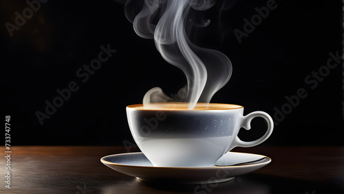 An image of a cup of warm coffee on a black background. Generative ai.
