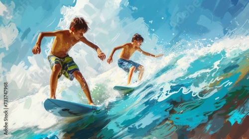 Two excited teenage boys surfing the waves on the beach, oil painting