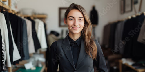 Änderungsschneiderin in Ausbildung am Arbeitsplatz schaut in die Kamera photo