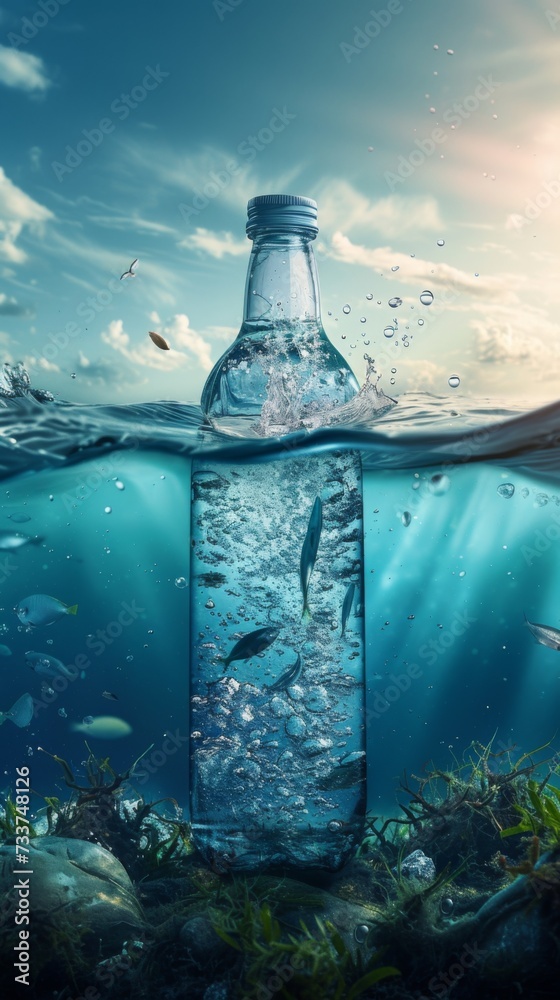 glass bottle underwater with fish swimming inside glass bottle underwater with fish swimming inside
