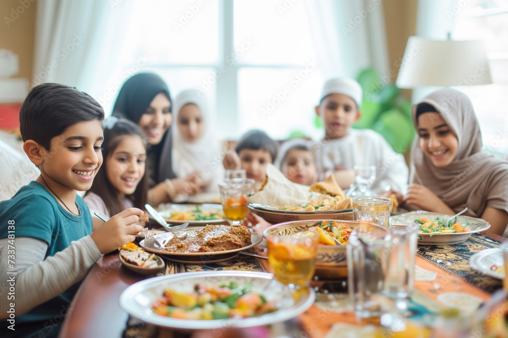Big family shares in sustenance that nourish body and soul. Muslim family finds solace and strength in shared faith and traditions at table