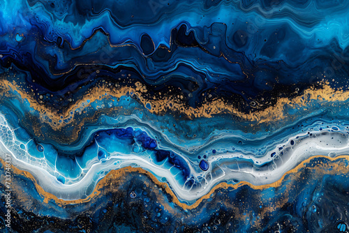 Fluid art texture. Background with abstract mixing paint effect. Liquid acrylic artwork that flows and splashes for interior poster, card, banner. Ocean waves, water, sea. Blue, gold and white colors