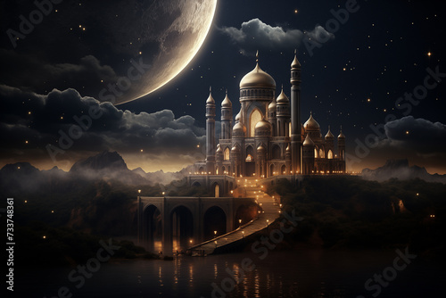 surreal night landscape with a mosque on a hill on the background of the sky with a big moon
