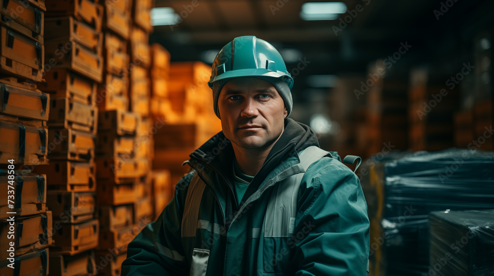 Portrait of a warehouse worker against the background of shelves with boxes. Warehouse employee wearing a helmet and safety vest. The man looks at the camera. AI generative Portrait of a warehouse worker against the background of shelves with boxes. Warehouse employee wearing a helmet and safety vest. The man looks at the camera. AI generative