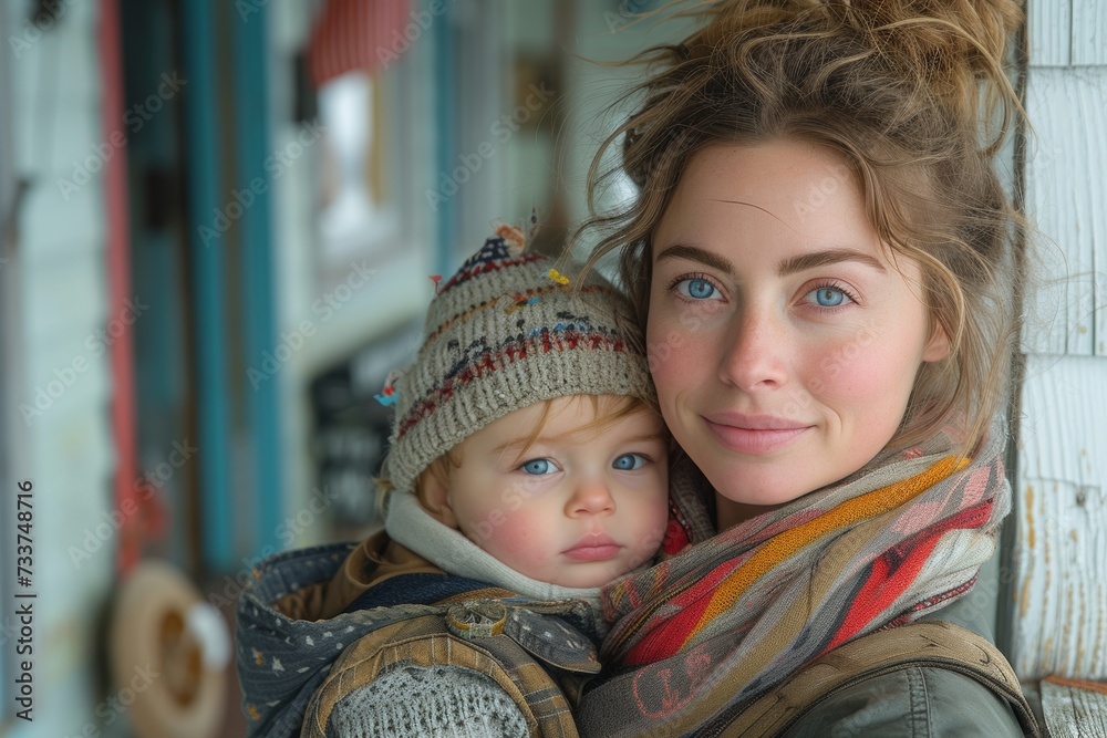 Obraz premium Portrait of a mother and child with striking blue eyes on a porch