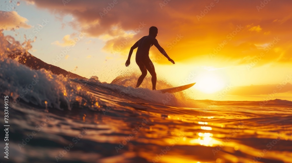 Silhouette of a young man surfing the waves at the beach at sunset - obrazy, fototapety, plakaty 