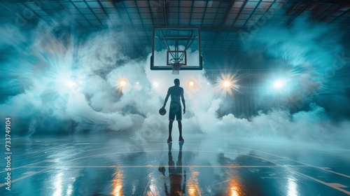 Basketball player standing in front of a basketball hoop, wide angle shot, smoke and light effect