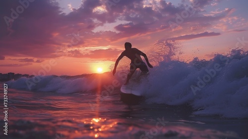 Silhouette of a young man surfing the waves at the beach at sunset