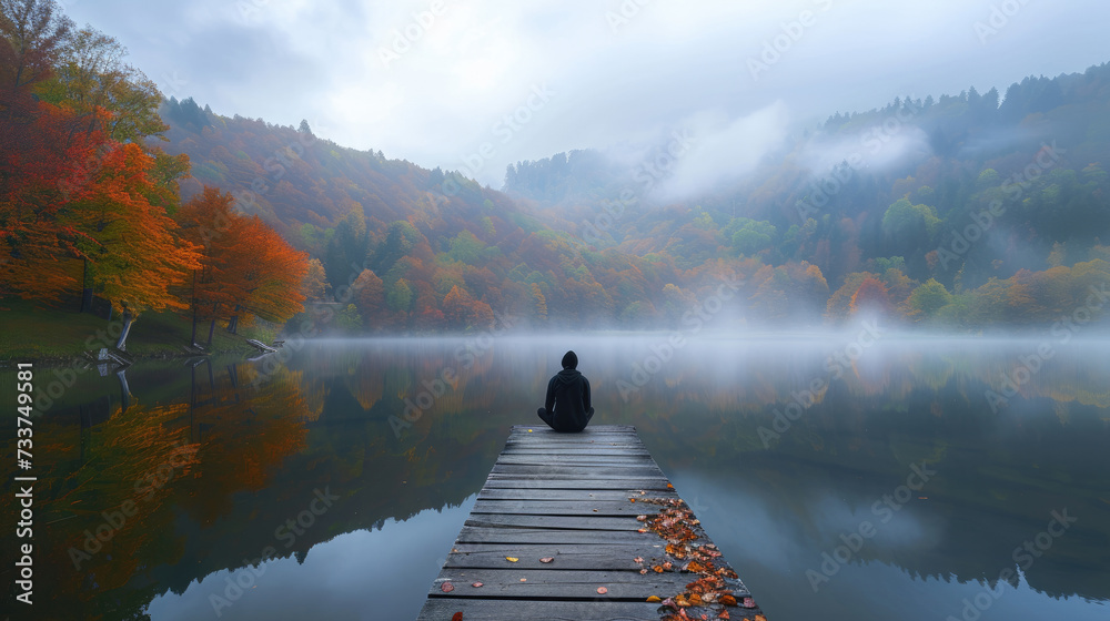 Man sitting on foggy lake dock surrounded by autumn foliage