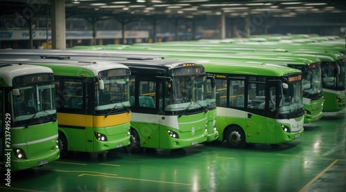 A row of green and white buses in a depot. Generative AI.