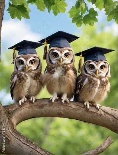 Three owls wearing graduation caps sit on a branch. Generative AI.
