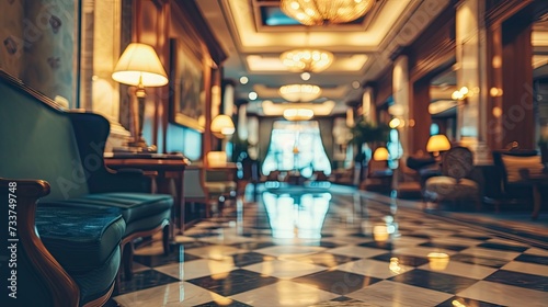 Abstract blur and defocused hotel lobby lounge interior for background, classic style photo