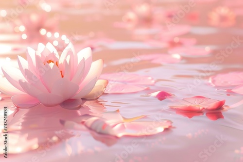 serene pink lotus flower blooms gracefully on the surface of a still pond, surrounded by lush green leaves