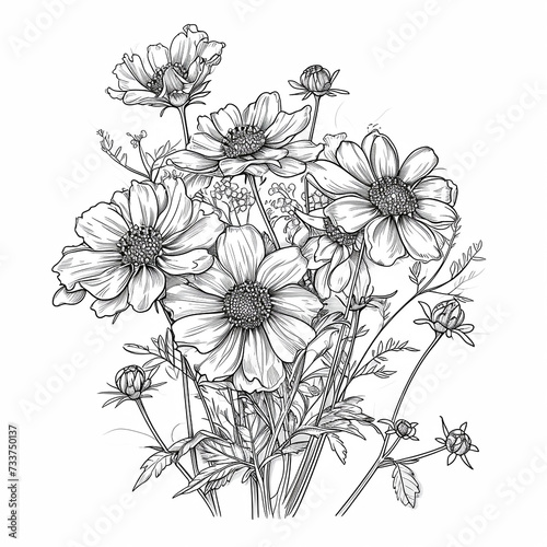 Hand drawn cosmos flowers  sketch for your design. Coloring page. Vector illustration.