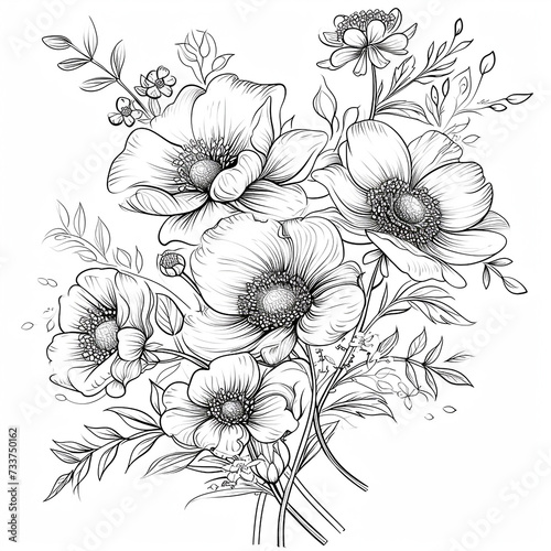 Anemone flowers. Coloring page. Black and white vector illustration in engraving style.