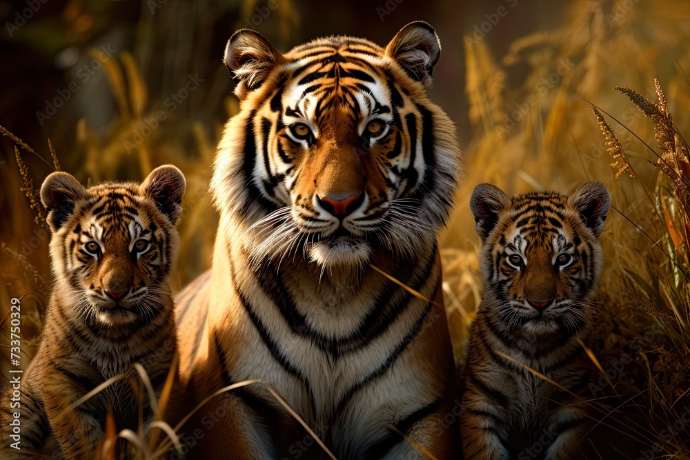 Family of tigers with two baby tigers looking at the camera
