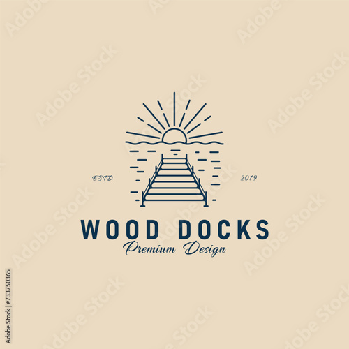 wood docks line art logo, pier logo simple with sunset vector icon illustration design