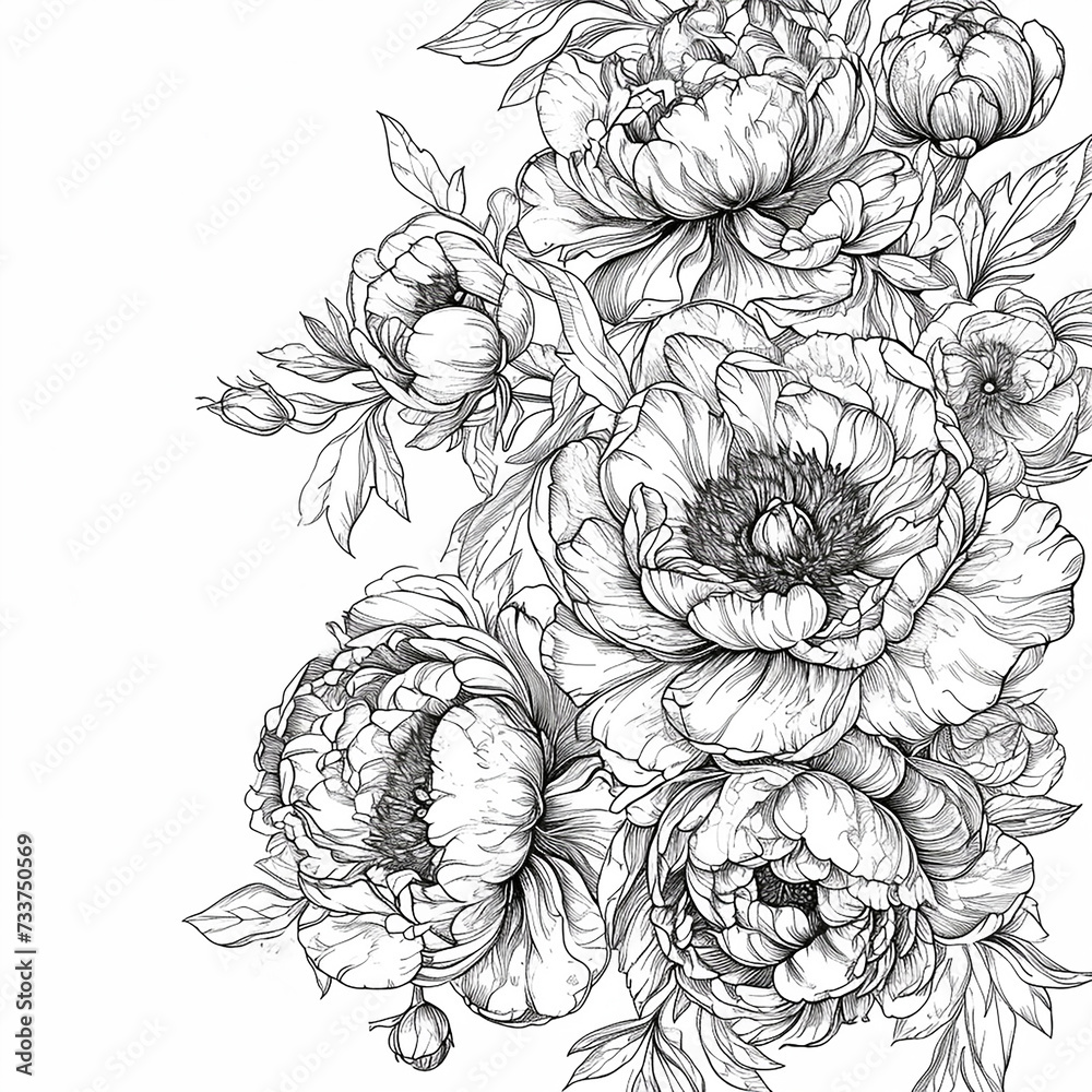 Fototapeta premium Seamless pattern with peony flowers. Coloring page. Hand drawn vector illustration.