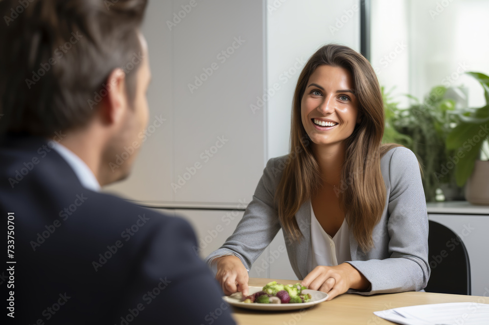 Brunette woman nutritionist consults man at table with nuts on plate. Young woman and pleased man delve in conversation about healthy nutrition