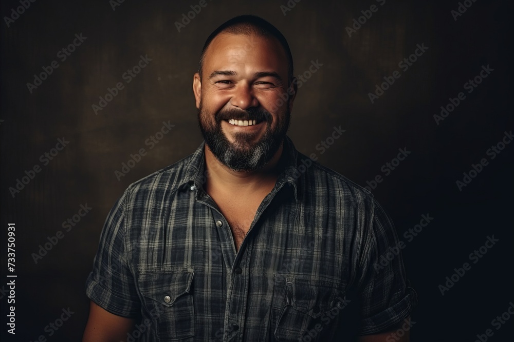 Portrait of a happy mature man laughing and looking at camera over dark background