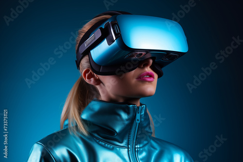 Woman wearing virtual reality goggles. © IMAGINE AI