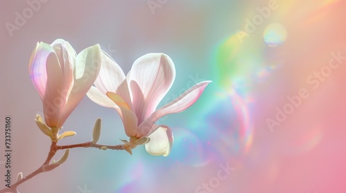 Magnolia flowers unfurling on a branch, with a vibrant rainbow reflection in the background