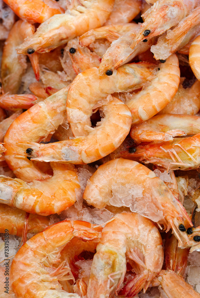 Frozen prawns on a market counter Frozen prawns on a market counter