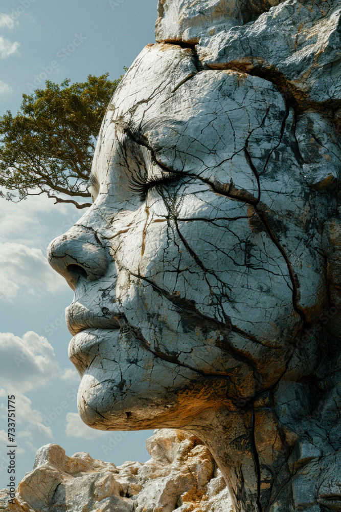 Monumental Stone Head of a Woman in Nature Wallpaper Background Poster Illustration Digital Art Cover Brainstorming