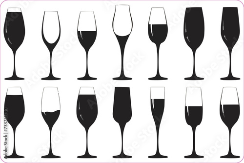 silhouettes of champagne glasses, Champagne glasses silhouettes icon set, Set of glasses vector, Vector illustration of champagne glasses