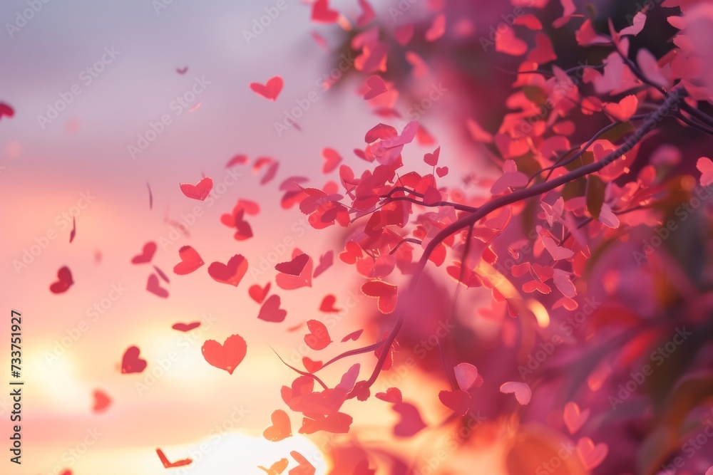 Fototapeta premium romantic atmosphere created by heart-shaped foliage against a backdrop of a tranquil sunset