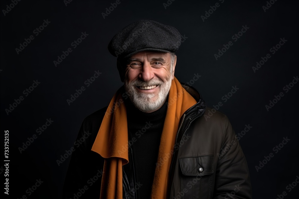 Portrait of a senior man wearing a cap and scarf on a black background.