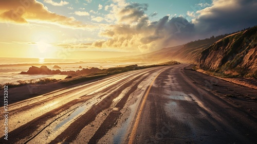 A pathway with tire marks and the sky as a backdrop showcasing the beauty of nature.