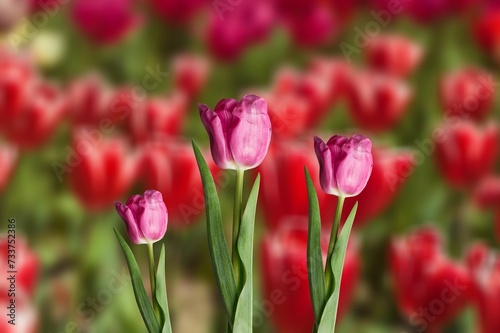Fresh beautiful tulips with green leaves