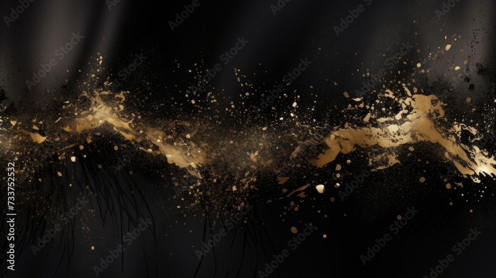 Abstract artwork featuring a dynamic explosion of gold particles against a dark background resembling a cosmic or magical event